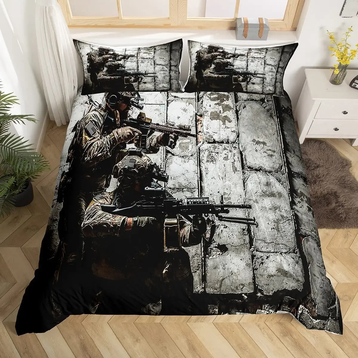 Soldier Duvet Cover Set Army Rifle Machine Gun Bedding Set for Boys Under Mission Army Bedclothes Military Polyester Quilt Cover