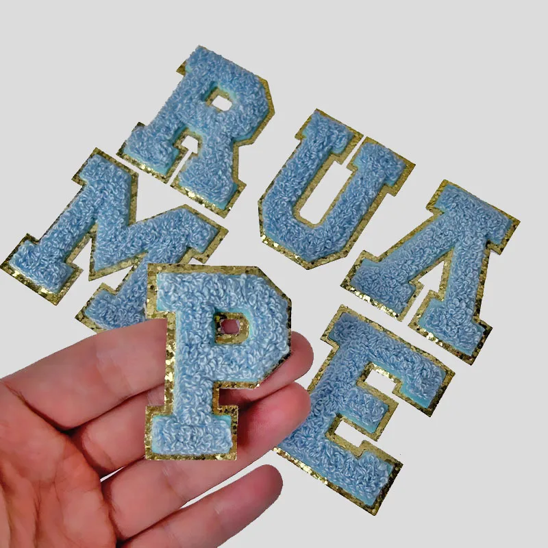 1Pc 5.5cm Light blue letter Thickening Chenille Patches Stick on Appliques For DIY Summer Style t-shit Clothings