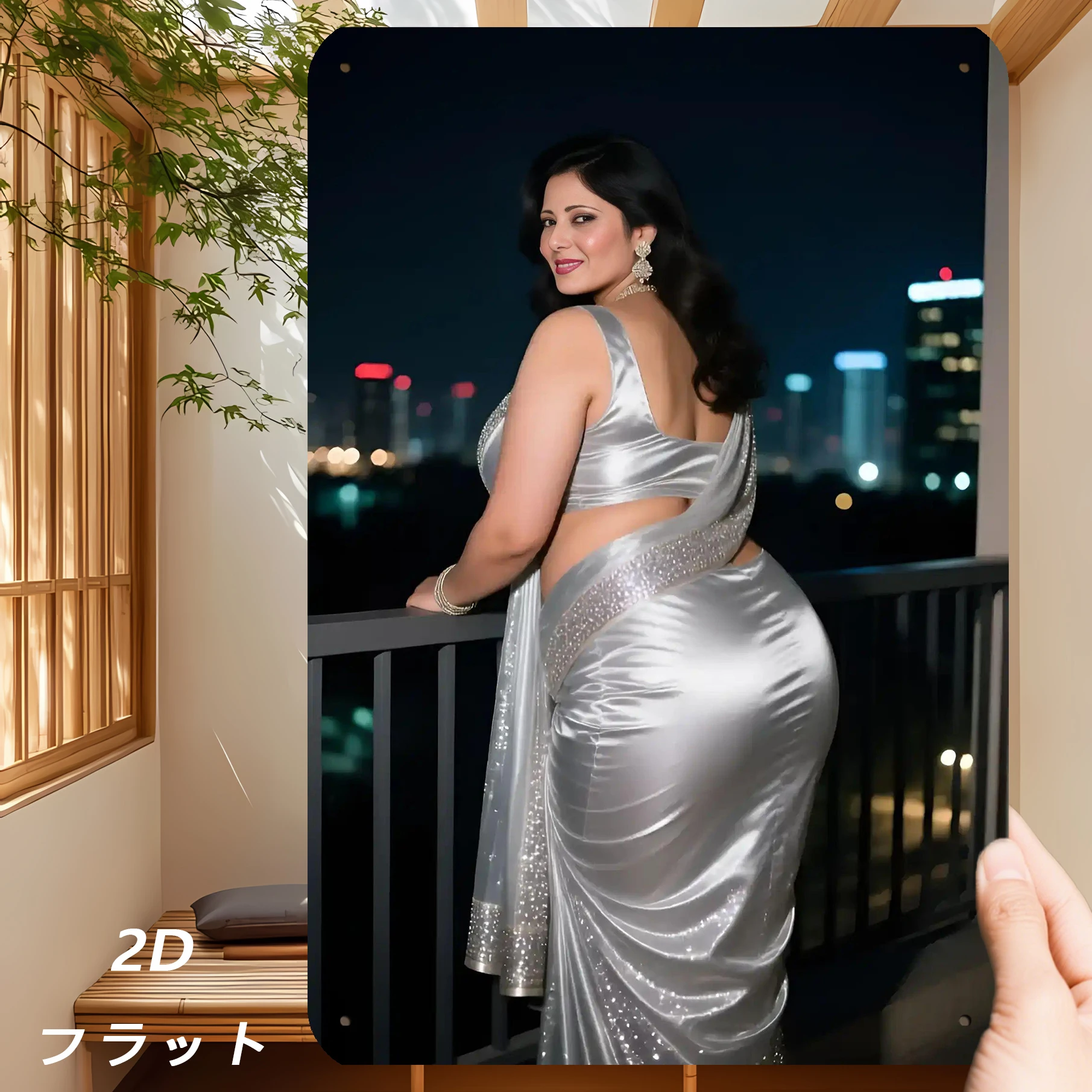 2D Flat, 1pc 2D Flat Poster, "Woman in Silvery Saree Night Scene", Decorative Sign & Plaque, Iron Wall Decorations (8in*12in, 20