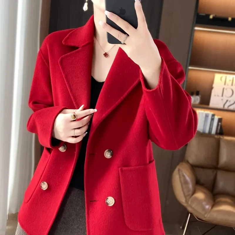 Streetwear Double-sided Wool Coat Women's Woolen Blazers Double-breasted Short Suit Jacket Female Casual Outerwear Spring Autumn