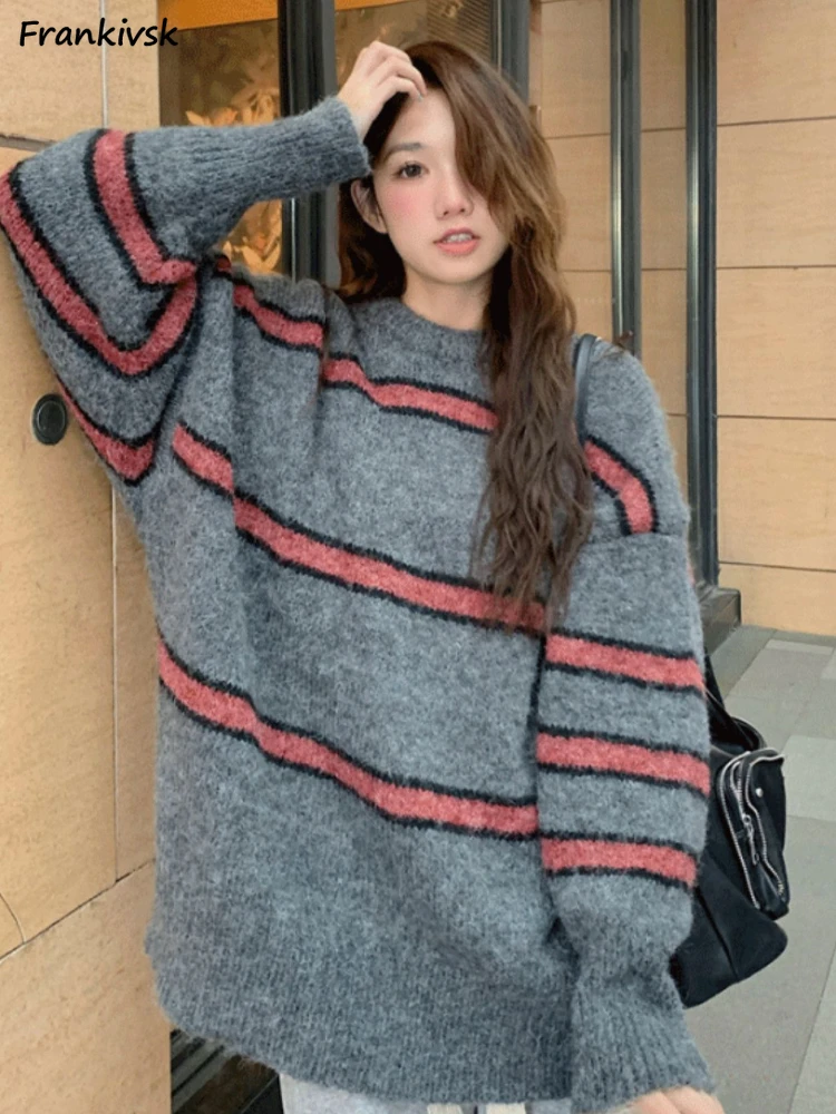 

Striped Sweaters Women Baggy Slouchy Japanese Style Contrast Color Knitting Autumn Winter Simple Aesthetic Popular College Daily