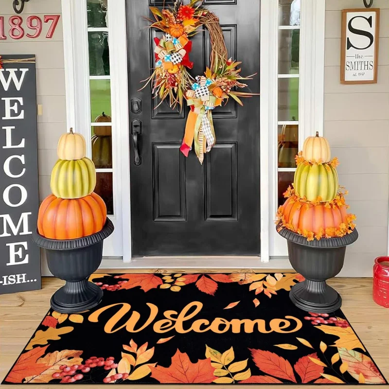 Hello, autumn front doormat, indoor and outdoor entrance, Thanksgiving maple leaf doormat, home decoration