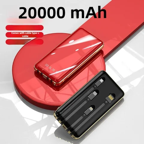 Тонкий и легкий новый гальваника большой емкости со собственным кабелем Power Bank 20000 мАч BCAK Портативный мобильный источник питания