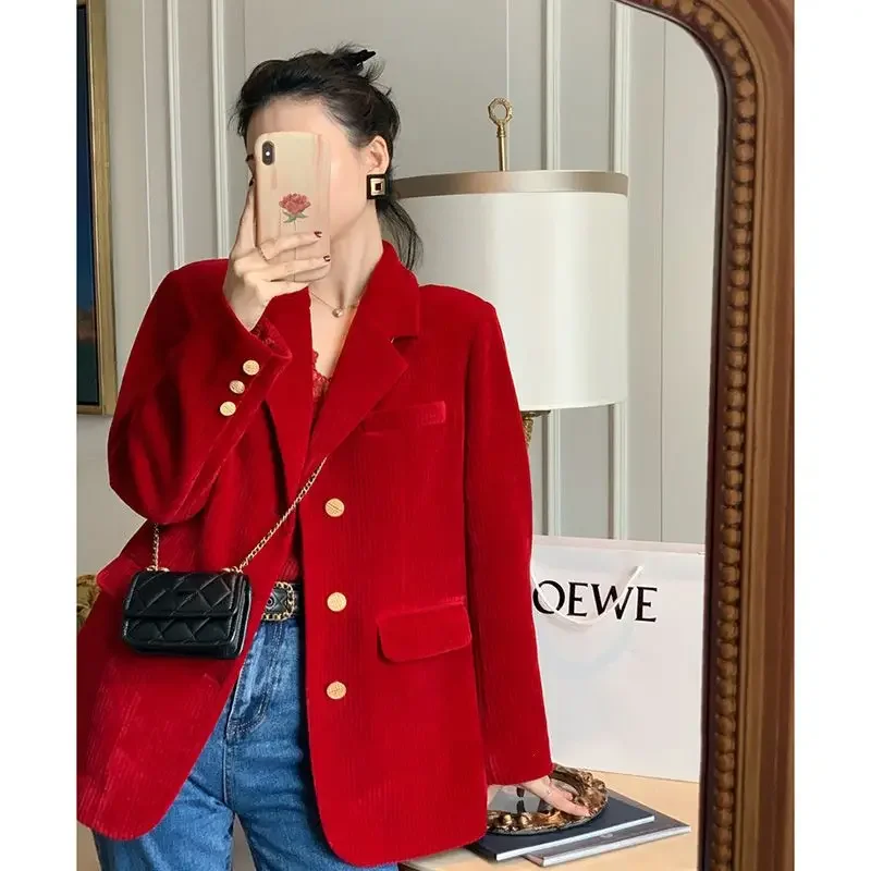 Women\'s Winter Thickened Cotton Clip British Style Short Corduroy Blazer Coat Retro Casual Solid Color Loose Velvet Suit Jacket