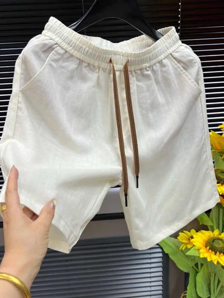 

2026 Summer Men's Casual Loose Fit Linen Shorts Thin Breathable Cool Five-Quarter Length Patchwork Polyester Fiber