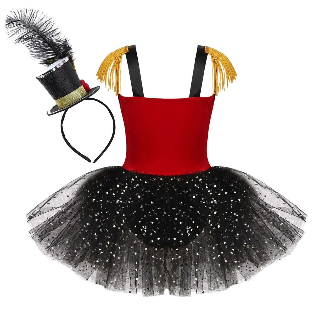 Kids Girls Circus Ringmaster Costume Halloween Cosplay Sequin Mesh Tulle Tutu Dress Carnival Party Stage Performance Dancewear