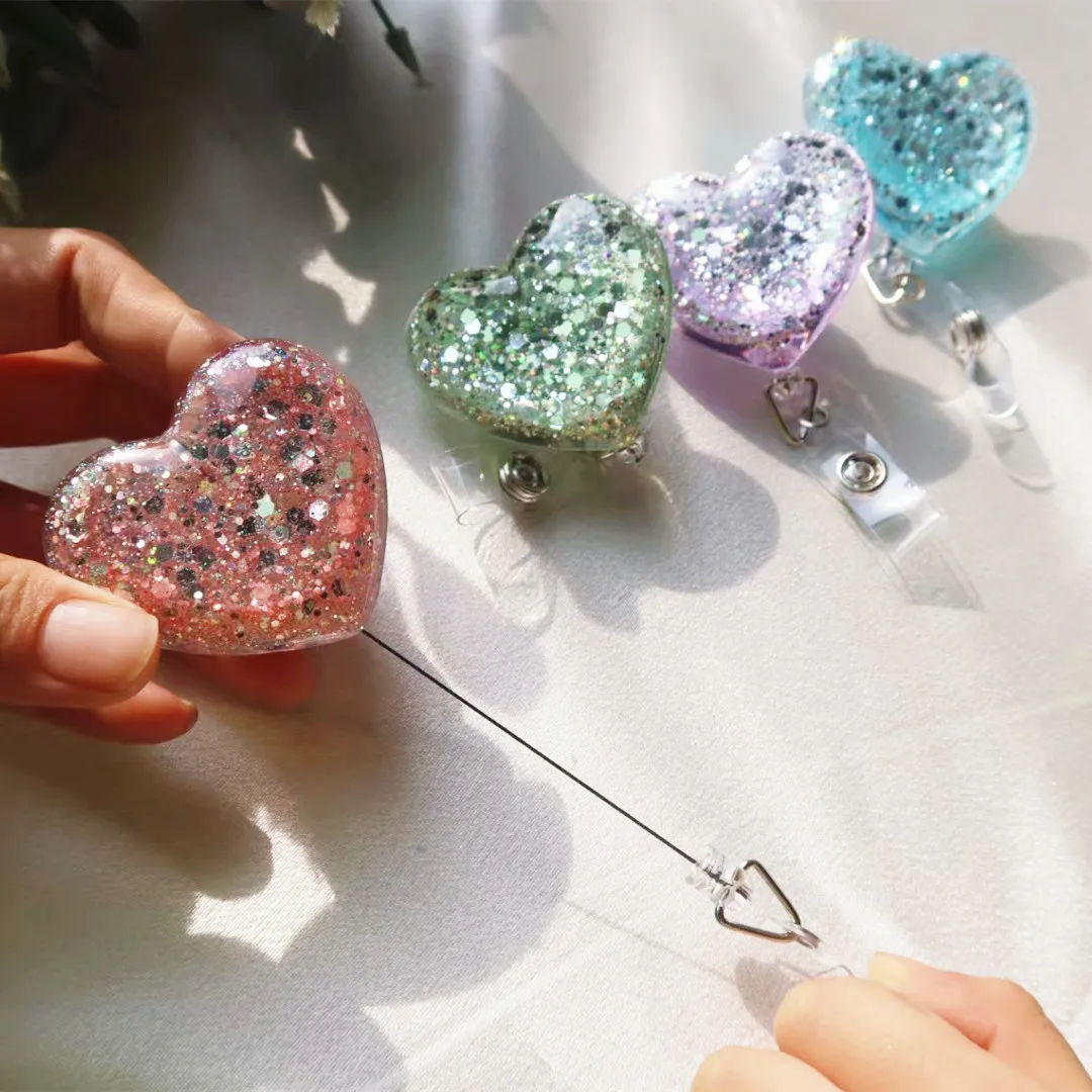 

Heart Glitter Badge Nurse Badge Reels Heavy Duty Retractable 360 Alligator Clip ID Holder For Student Doctor