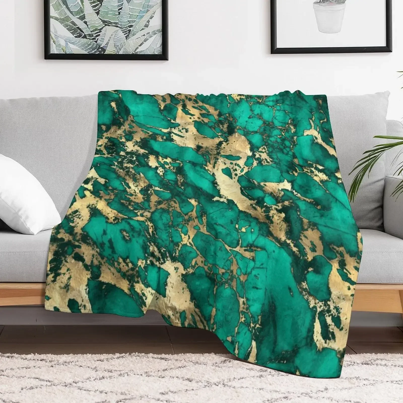 Teal And Gold Malachite Faux Marble Throw Blanket for sofa Polar Luxury St Blankets