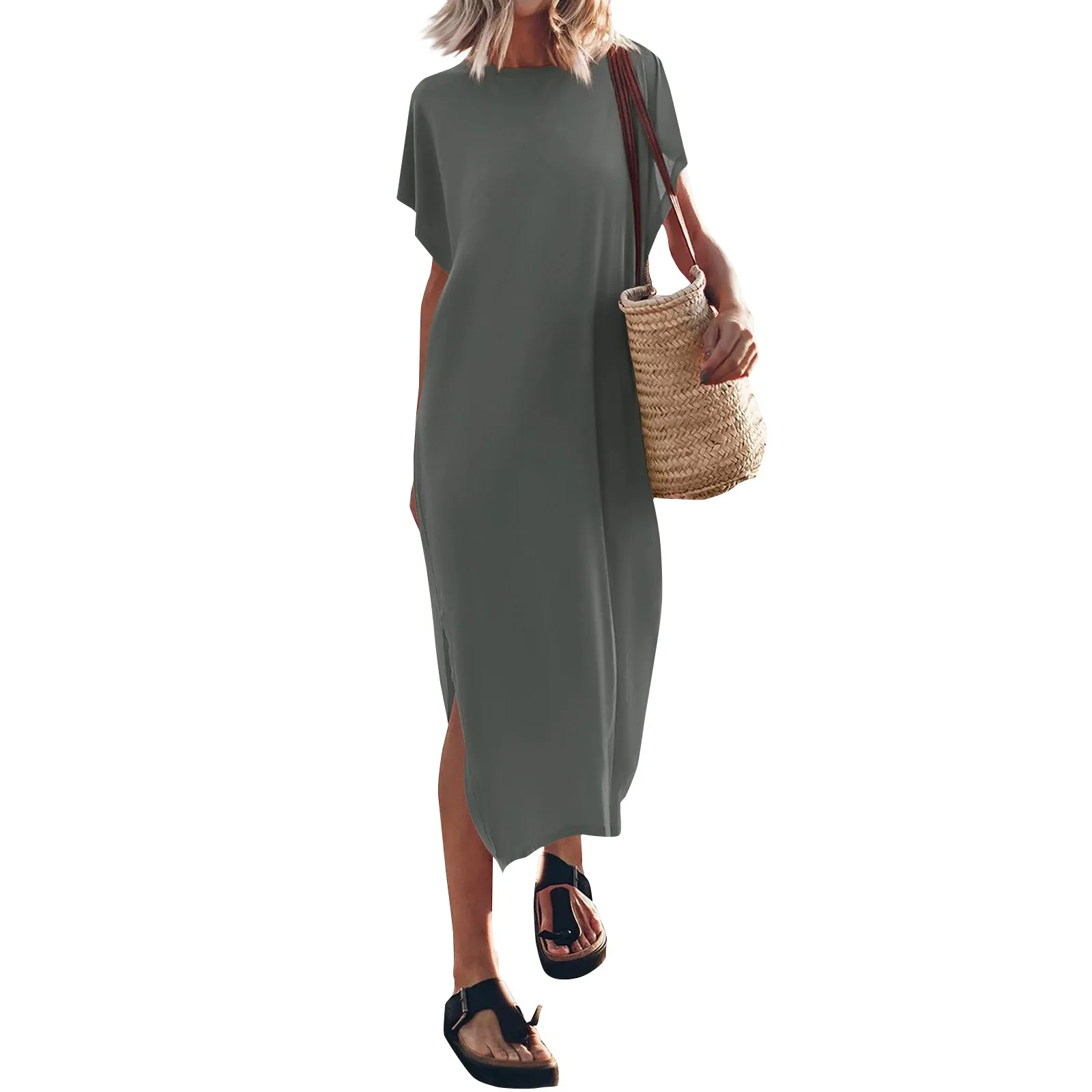 Women'S Summer Solid Color T-Shirt Long Dress Round Neck Casual Loose Split Dress Summer Dress Vestido Feminino Formal Dresses