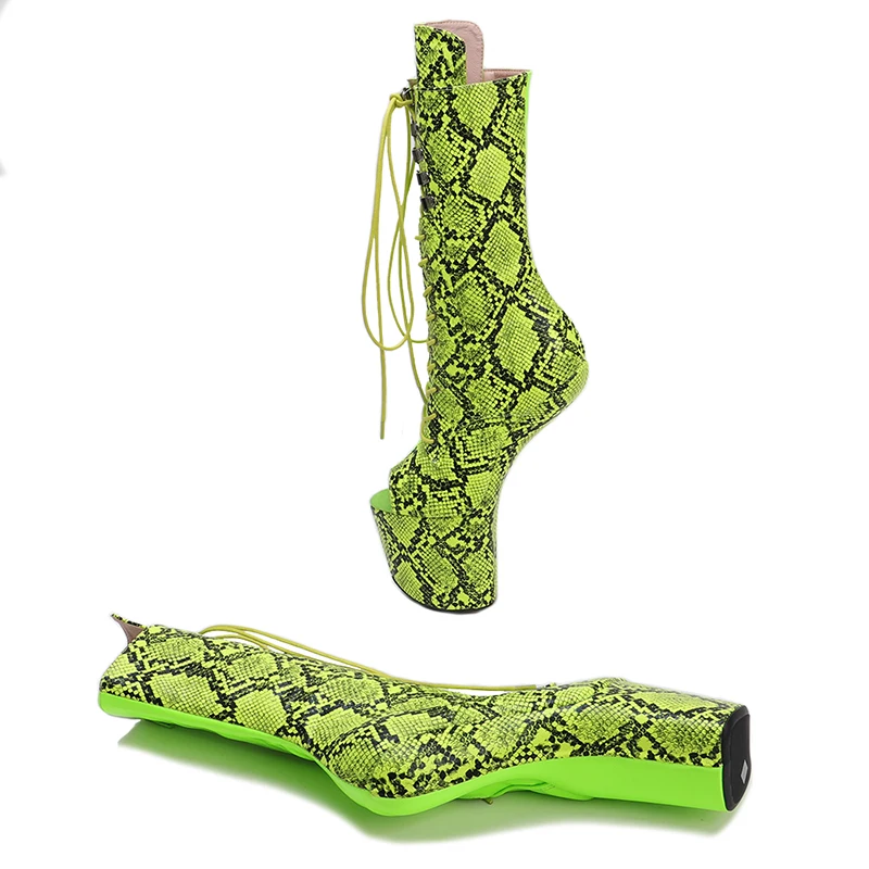 Auman Ale New Green Snake PU Upper Platform Open Toe Boots Sexy Exotic heelless pole dance shoes 022