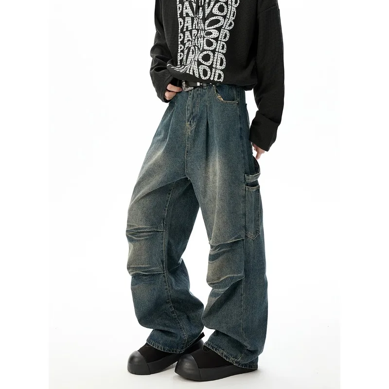 

Мужские джинсы High Street с эффектом потертости, прямые широкие брюки свободного кроя, осенние