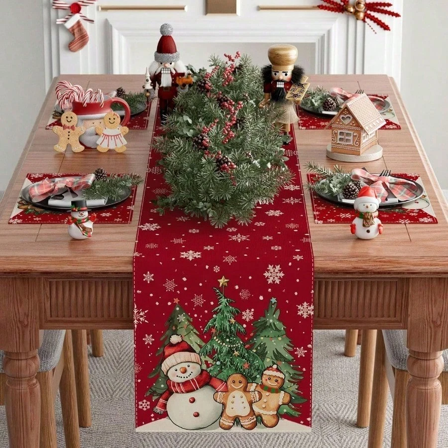 Christmas Table Runner Winter Red Snowman Gingerbread Man Christmas Tree Xmas Holiday Table Decor for Kitchen Dining Room Party