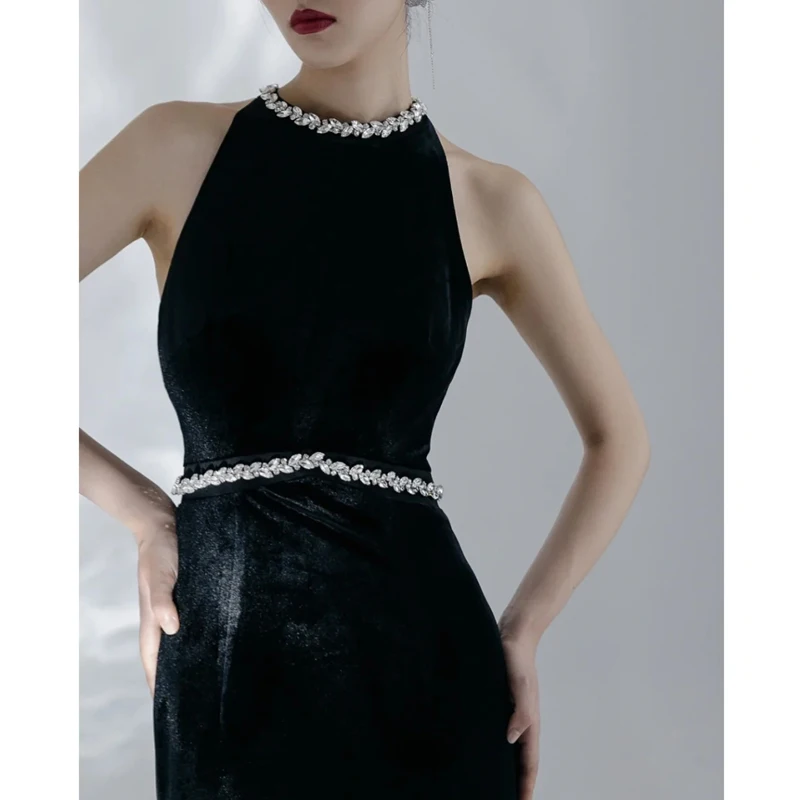 

Ele Bla Velvet Fi Tail Evening Gown Women's Faionable Luxury Dr for Banquet Par Long Sle High Quali Fabric