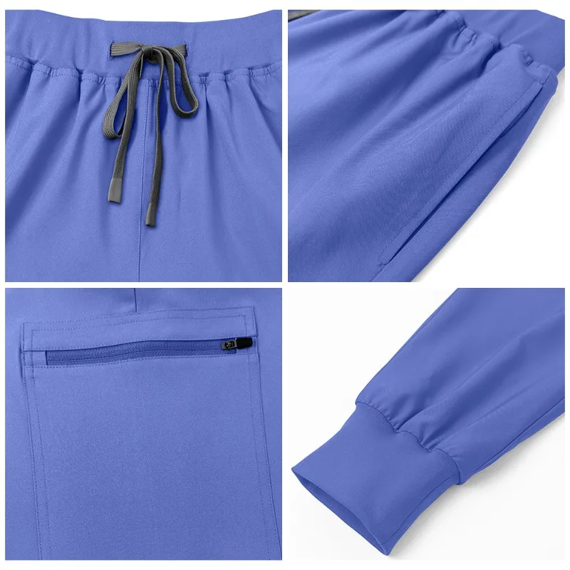 Round Neck Multi Pocket Scrub Set, Short Sleeve Medical Top, Drawstring Jogger Pants Stretch Uniform for Nursing Hospital Worker