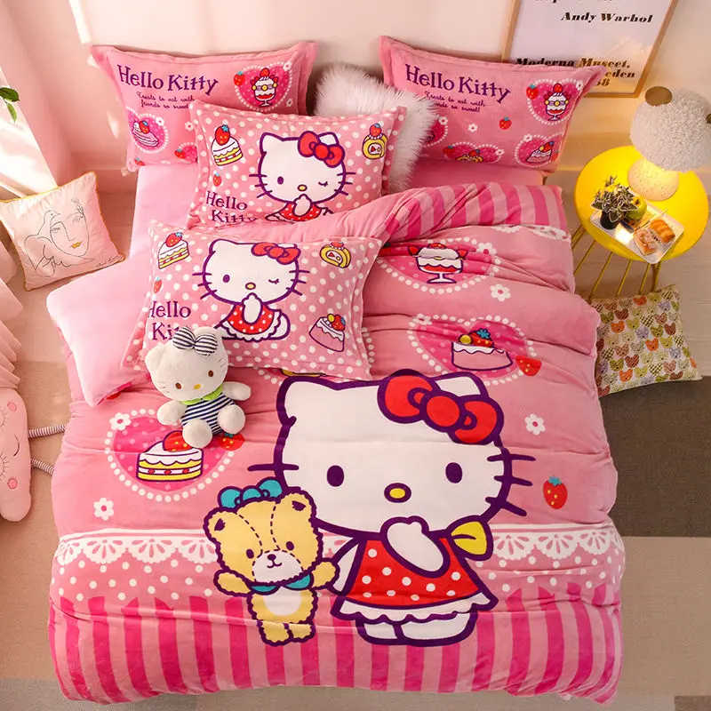 

Hello Kitty Milk Velvet Bedding 4Pcs Anime Cartoon Sanrio Bed Sheets Quilt Cover Pillowslip Dormitory Three-Piece Set Set