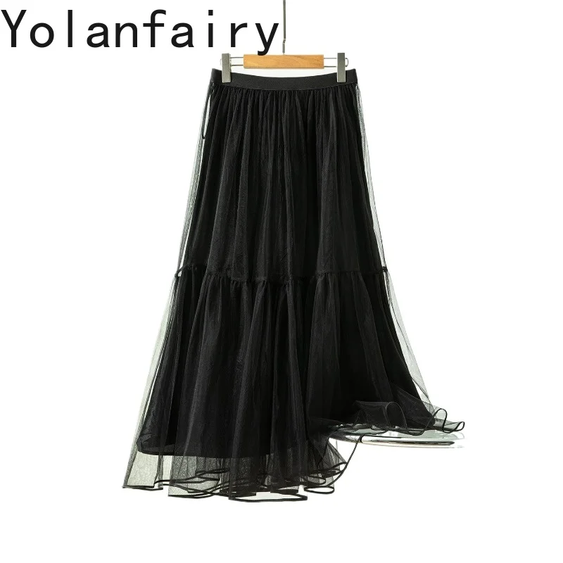 

Юбки YOLANFAIRY из 100% натурального шелка тутового шелкопряда с подкладкой для женщин, лето 2026: Элегантная длинная юбка из газовой ткани, романтическая юбка-клеш для женщин