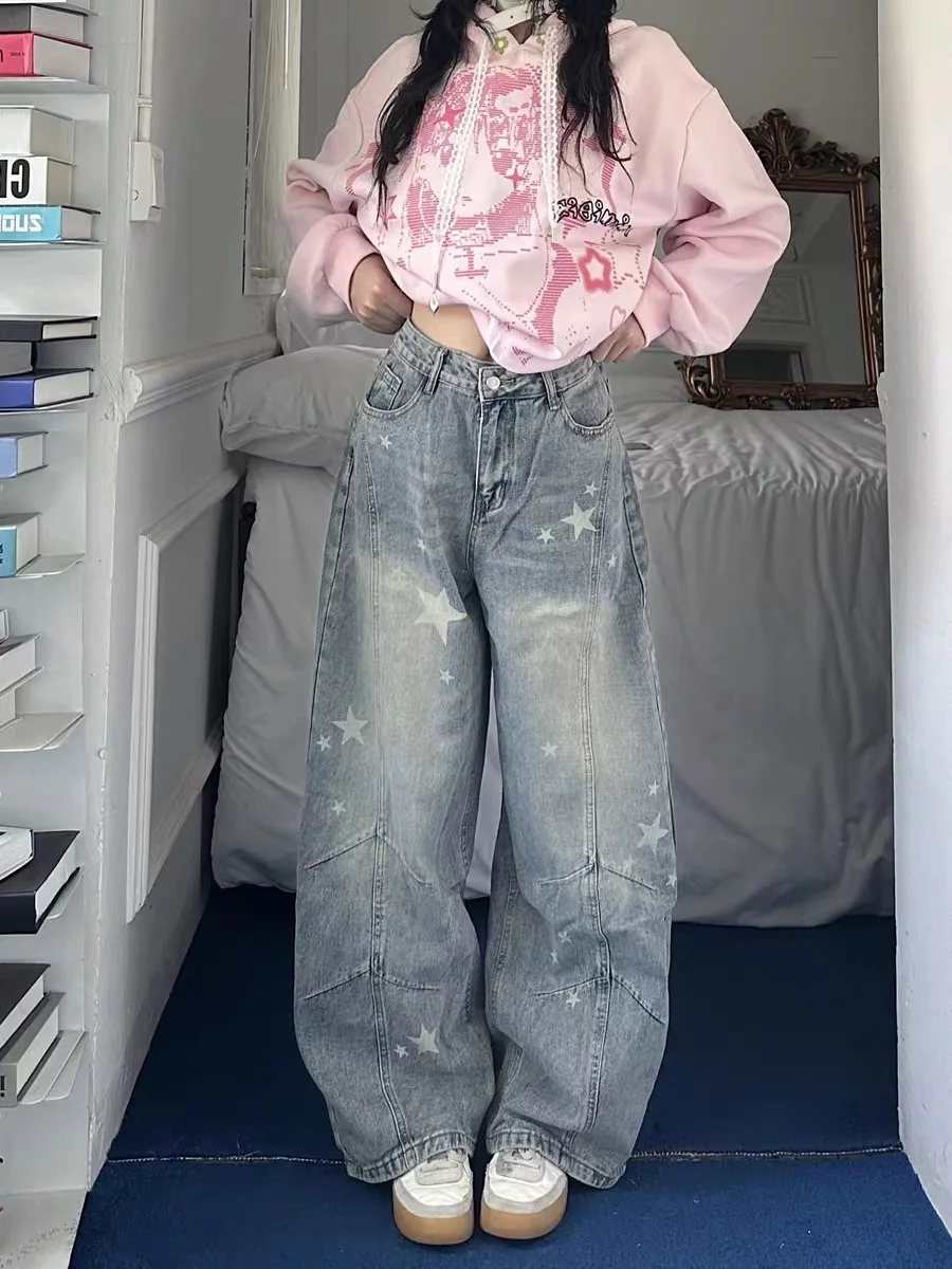 

Spring New American Sle Star Print Wide Leg Loose Jeans Women's Floor Length Pants Design Casual High Waist Denim Skinnies