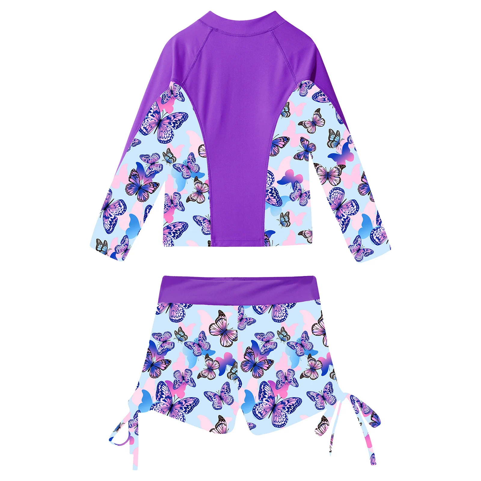 2PCS Kids Girls Printed Swimwear Swimsuit Long Sleeve Front Zipper Outerwear with Shorts Outfit Beach Pool Bathing Swimming Suit