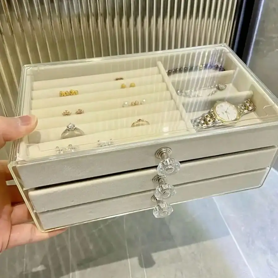 3-Layer Drawer Acrylic Jewelry Box, Transparent Organizer for Earrings & Rings