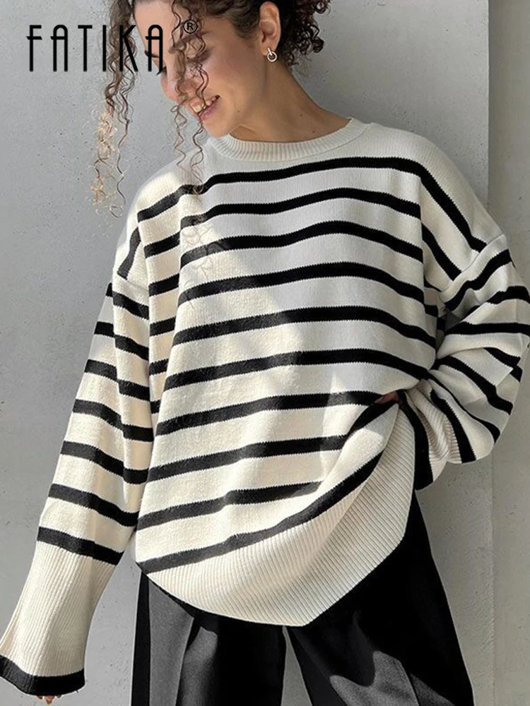 

Fatika Women Classic O Neck Sweater Warm Stylish Striped Pullovers Streetwear Jumper Hot Casual Tops Autumn Winter