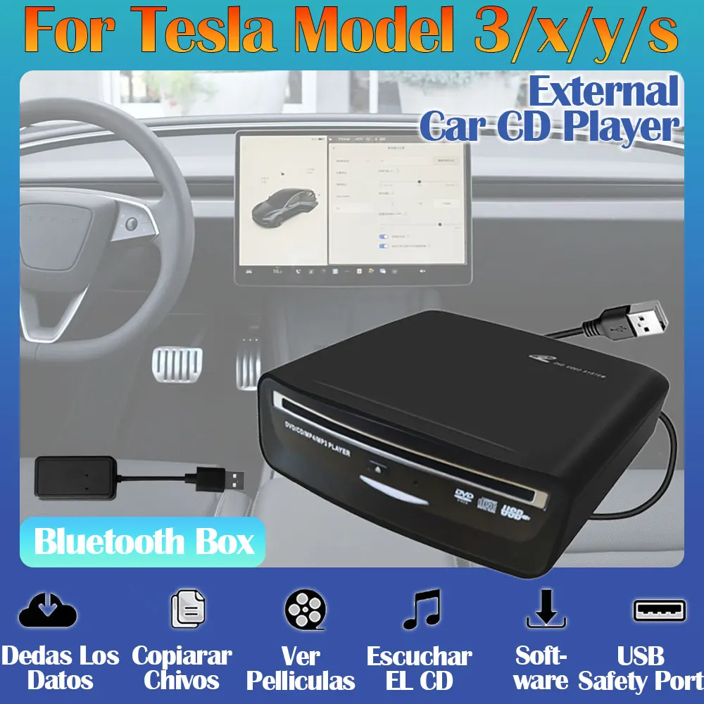 مشغل أقراص مضغوطة خارجي للسيارة لتلفزيون MP5 وLED وأجهزة الكمبيوتر ومعظم السيارات مثل اتصال Tesla Model 3 2019-2021 USB/Bluetooth، سهل الاستخدام، #1