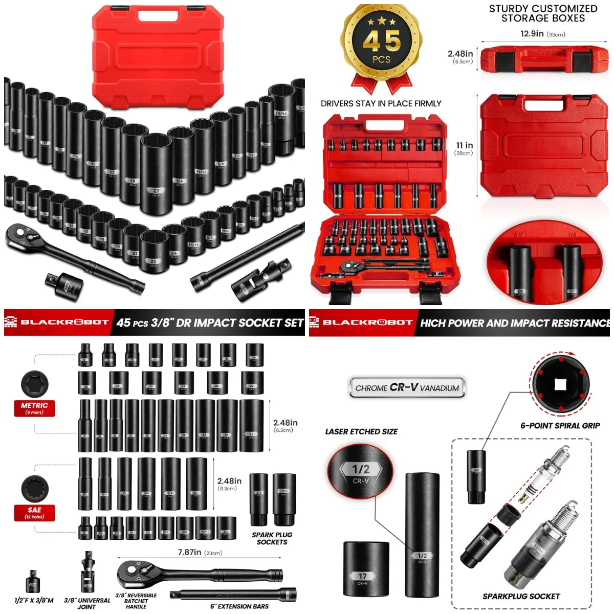 

3/8' Drive Impact Socket Set, 45-Piece, SAE & Metric, 72-Tooth Ratchet, 6' Extension, Adapters, Universal Joint