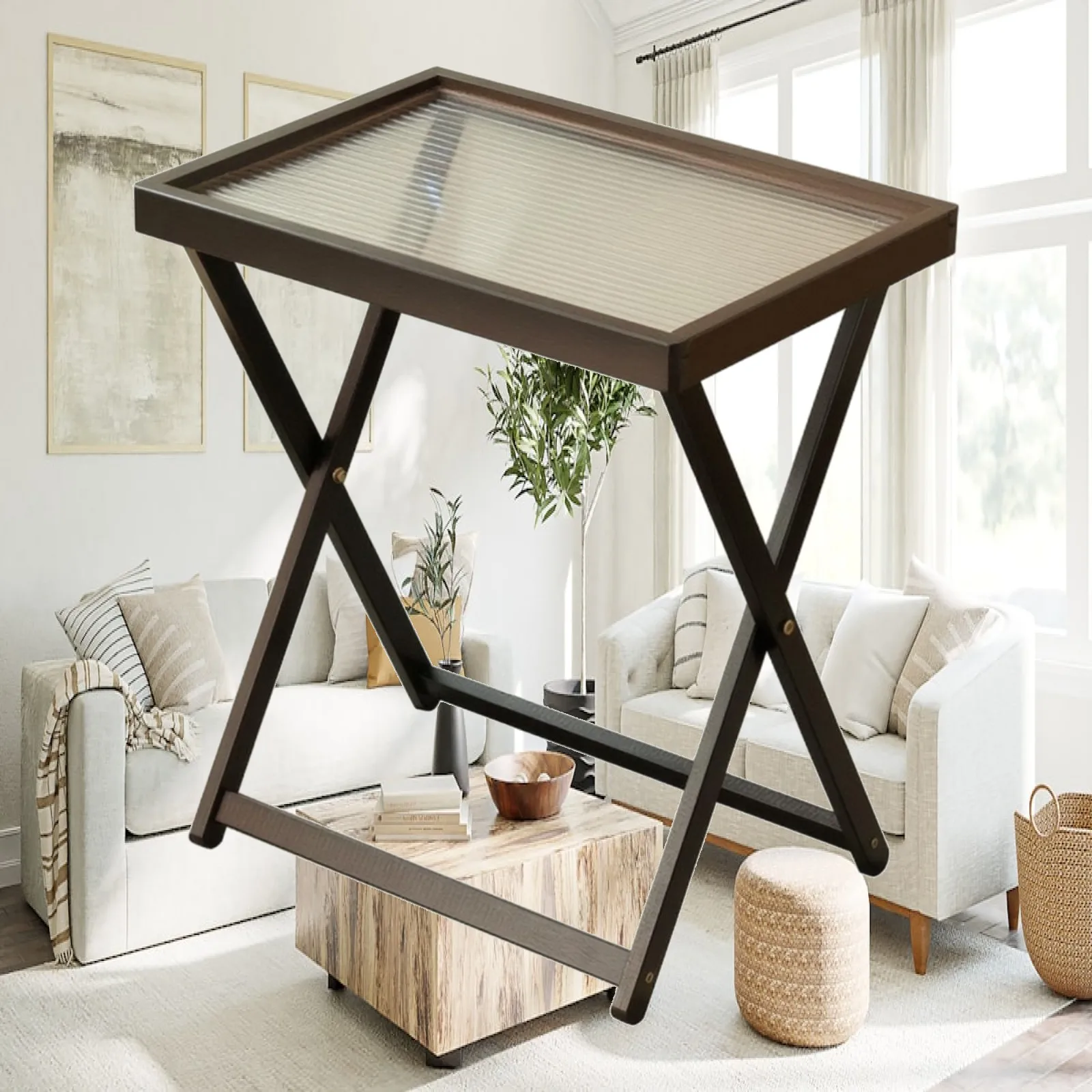 Folding Side Table with Detachable Tray Foldable Folding Side Table Space-Saving