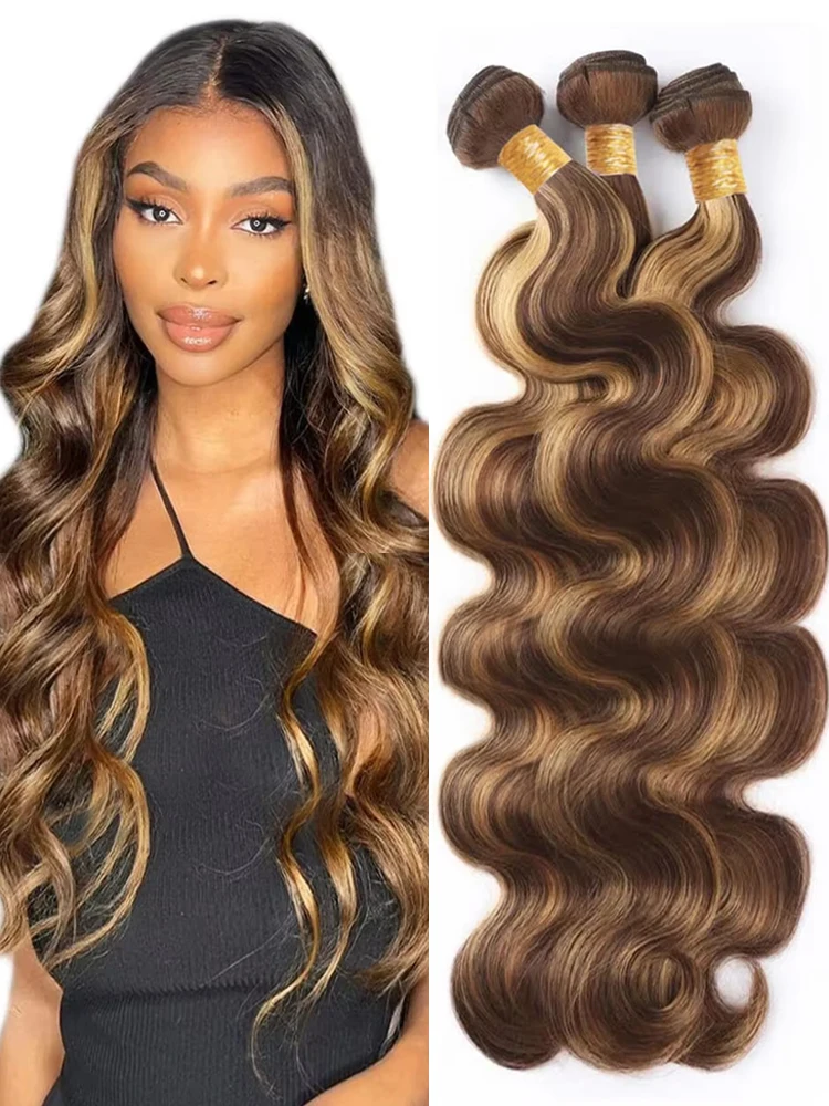 4/27 Color Human Hair Body Wave Highlight 3 Bundles Honey Blonde Highlight Body Wave 100% Human Hair Bundle Pre-Plucked