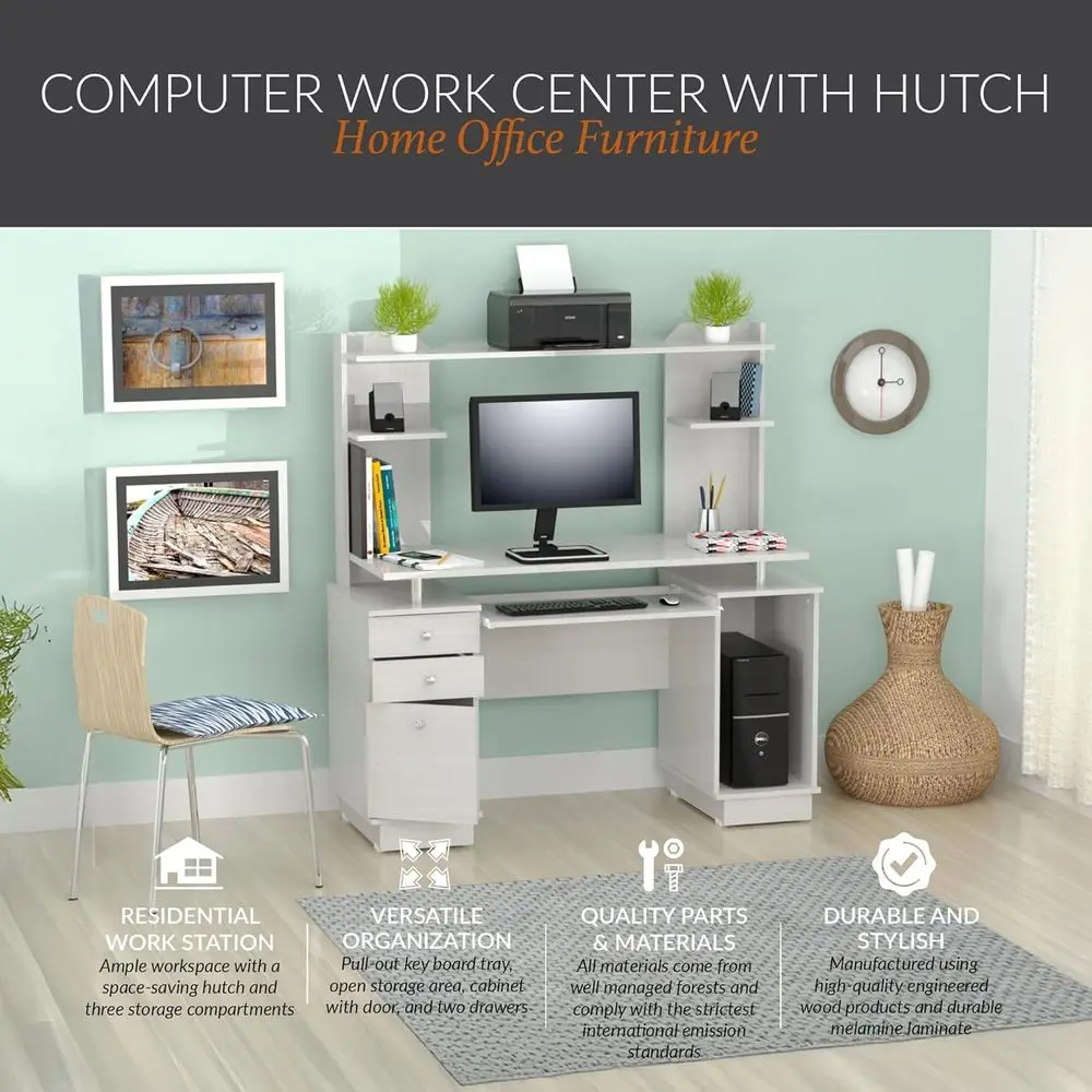 أمريكا، 53.5 بوصة ارتفاع × 48.62 بوصة عرض × 19.5 بوصة عمق، مركز عمل من خشب البلوط المغسول مع حافظة، صينية لوحة مفاتيح قابلة للسحب، أدراج، محطة عمل مكتبية