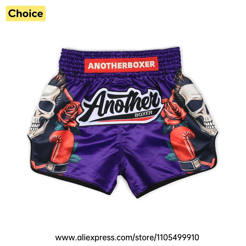 Purple Muay Thai Shorts Satin Elastic Waist Boxing Trunks Skull Rose Graphic Fight Shorts for MMA KickboxingTraining Sparring