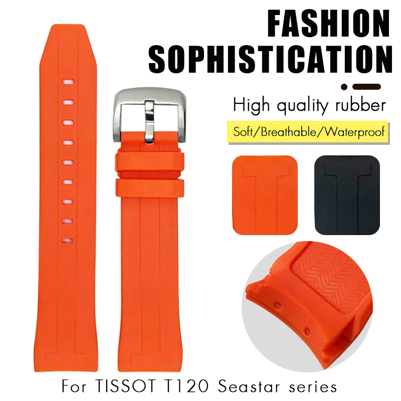 21mm 22mm Curved Rubber Silicone Watchband Fit for Tissot Seastar T120 T120417 T120407 Blcak Waterproof Diving Watch Strap