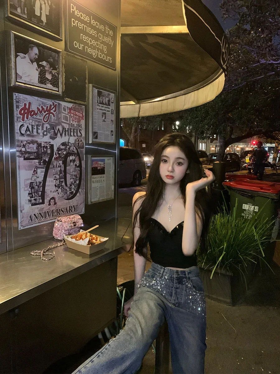 

Lanlan's Wardrobe High Waist Straight Leg Jeans Women's Spring 2025 New Arrival Cotton Denim Blue Diamond Miu Tian Star