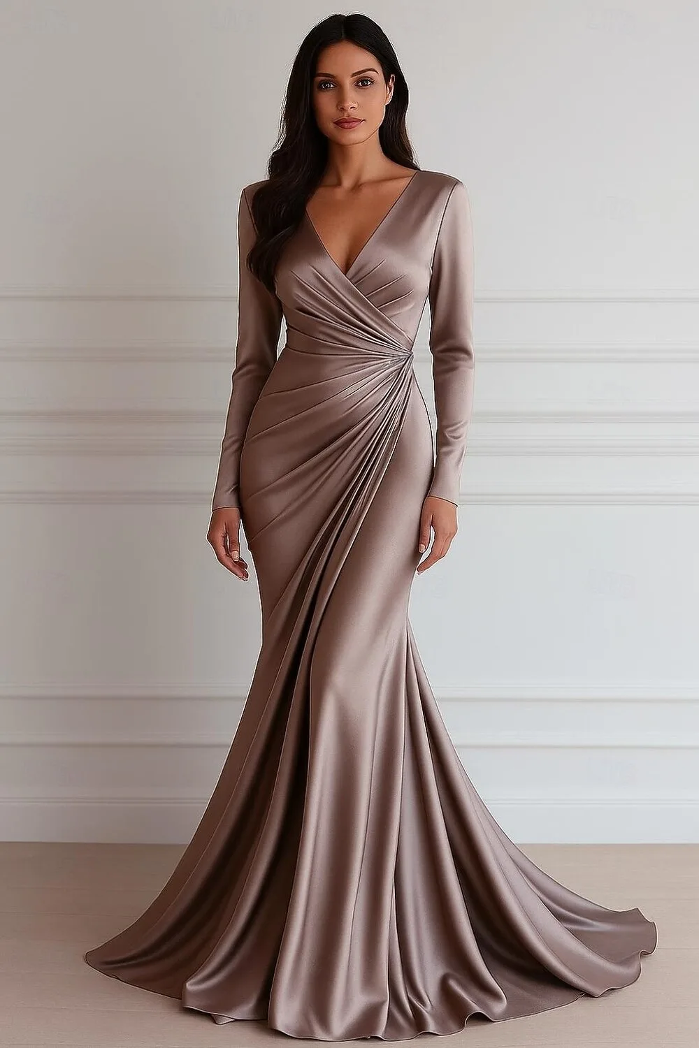 

Saudi taupe satin evening dress deep V draped pleated dress 2025 women's wedding graduation prom party dress can be customized