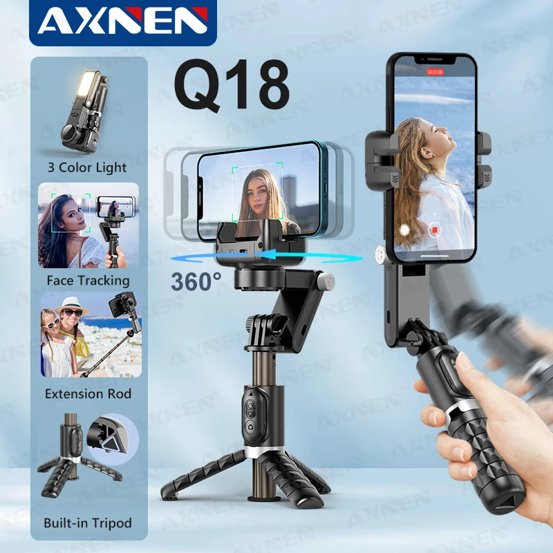 AXNEN Q18 Gimbal for Mobile Phone Stabilizer, 360 Auto Rotation Desktop Follow Gimbal with Fill Light Remote for iPhone Android