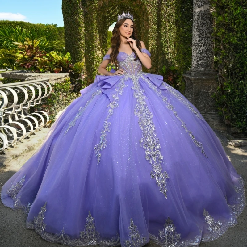 

Lavender Shiny Ball Gown Quinceanera Dresses Off The Shoulder Applique Lace Beads Bow Tull Party Birthday Sweet 16 Dress Vestido
