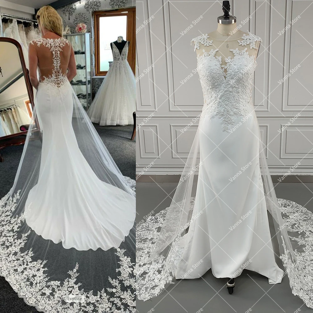 Illusion Sweetheart Column Satin Wedding Dress Pearls Beading Applique Customized Detachable Scalloped Lace Train Bridal Gown