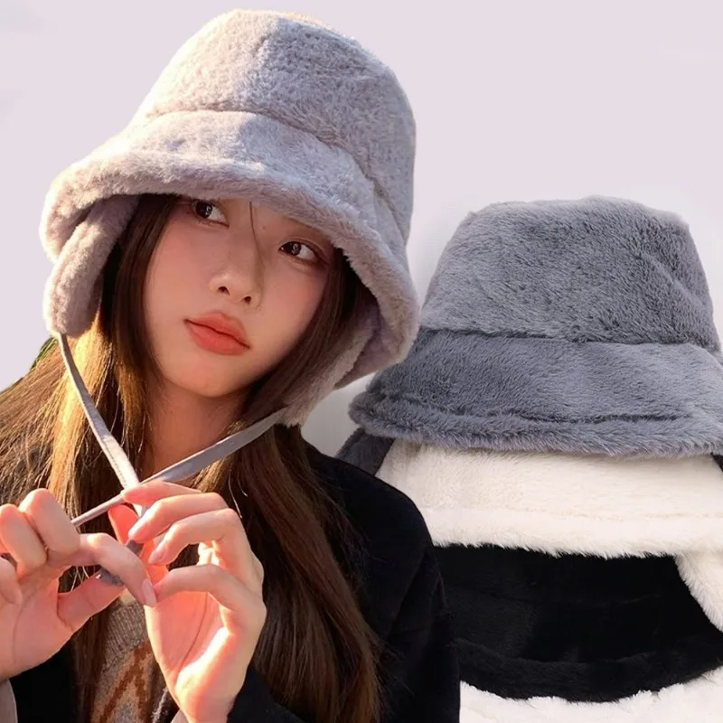 Imitation Mink Hair Cap Thicken Plush Ear Protection Winter Oversized Outdoor Warm Fluffy Bucket Lace-up Women Fisherman Hats