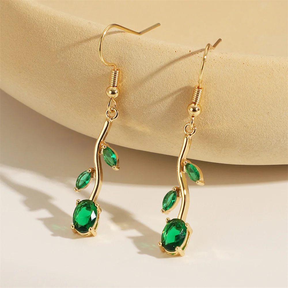 Cute Tree Branch Leaf Multicolor Zircon Flower Drop Earrings For Women Vintage Gold Color Rainbow Dangle Earring Wedding Jewelry