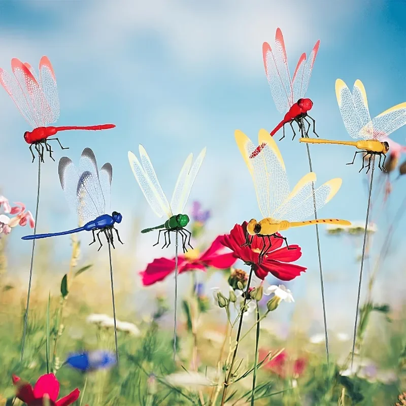 50pcs Colorful Dragonfly Garden Piles Decorative Dragonfly Ornaments for Outdoor Gardens and Indoor Flower Pots Vivid Simulation