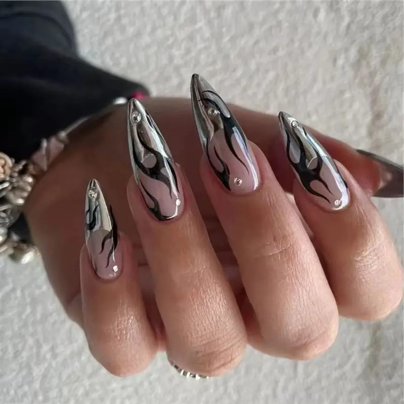 เล็บปลอมลายอัลมอนด์ 24 ชิ้น เล็บปลอมแบบกดติด เงางาม แฟชั่นสไตล์ยุโรปอเมริกัน เท่ห์ ทันสมัย ถอดออกได้