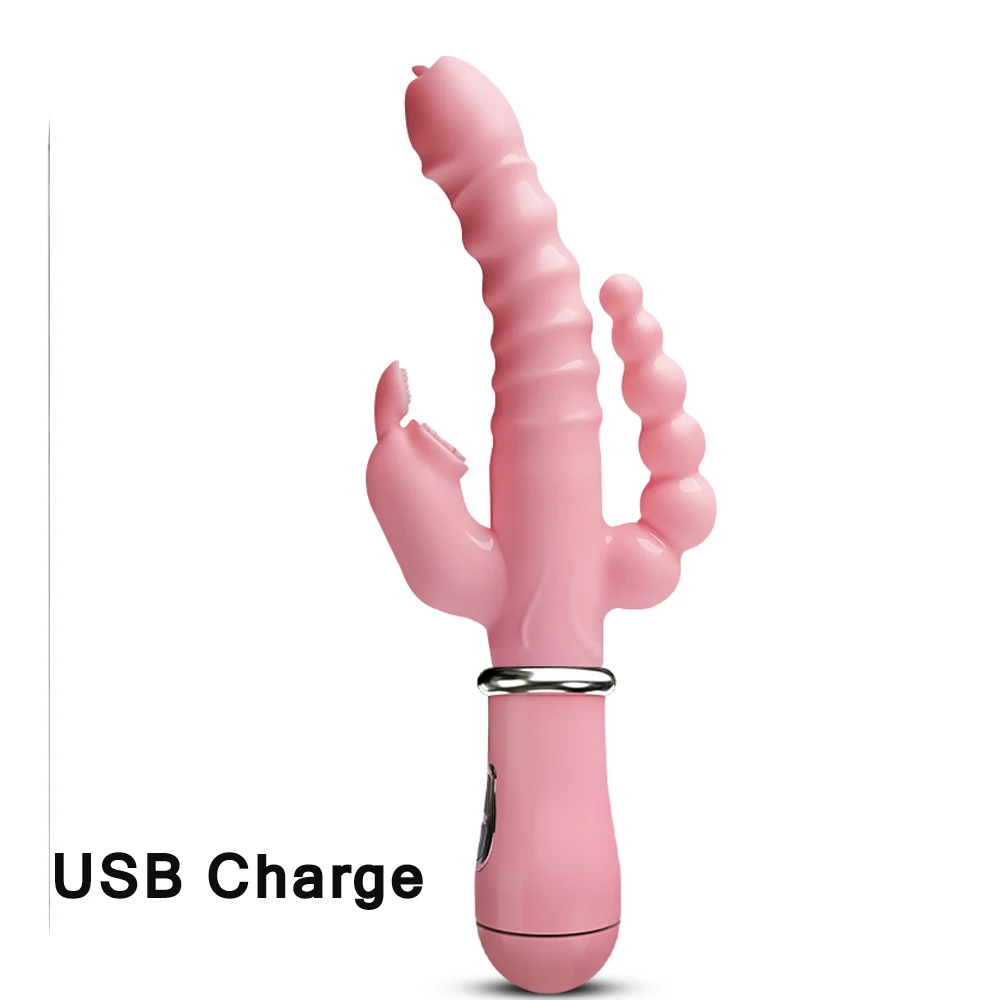 3 In 1 Rabbit G Spot Dildo Vibrator Clitoris Stimulator Penis Anal Double Penetration Tongue Licking Rod Sex Toy For Women Adult