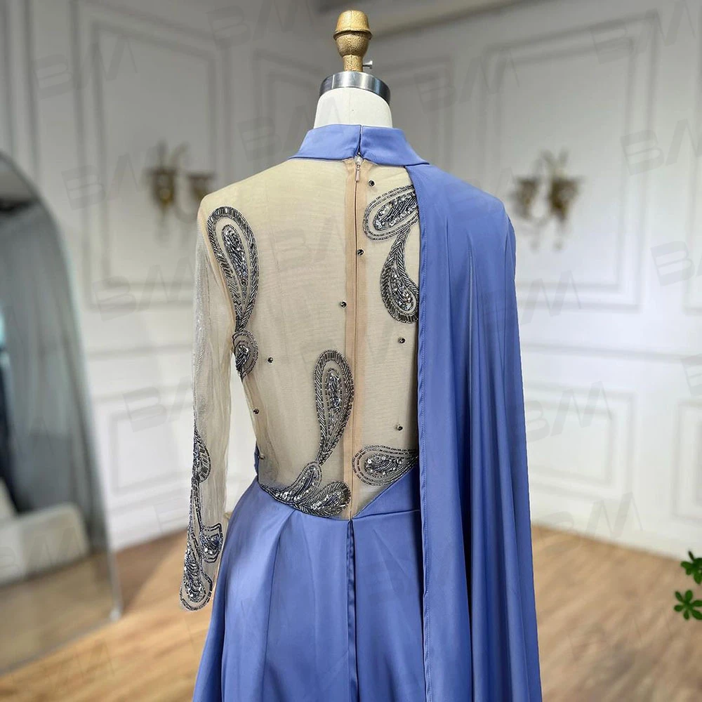 Robe de Soirée Élégante en Satin pour Occasions Formelles, Tenue de Bal de Forme Trapèze, Perlée, Col Haut, Cape, Maxi