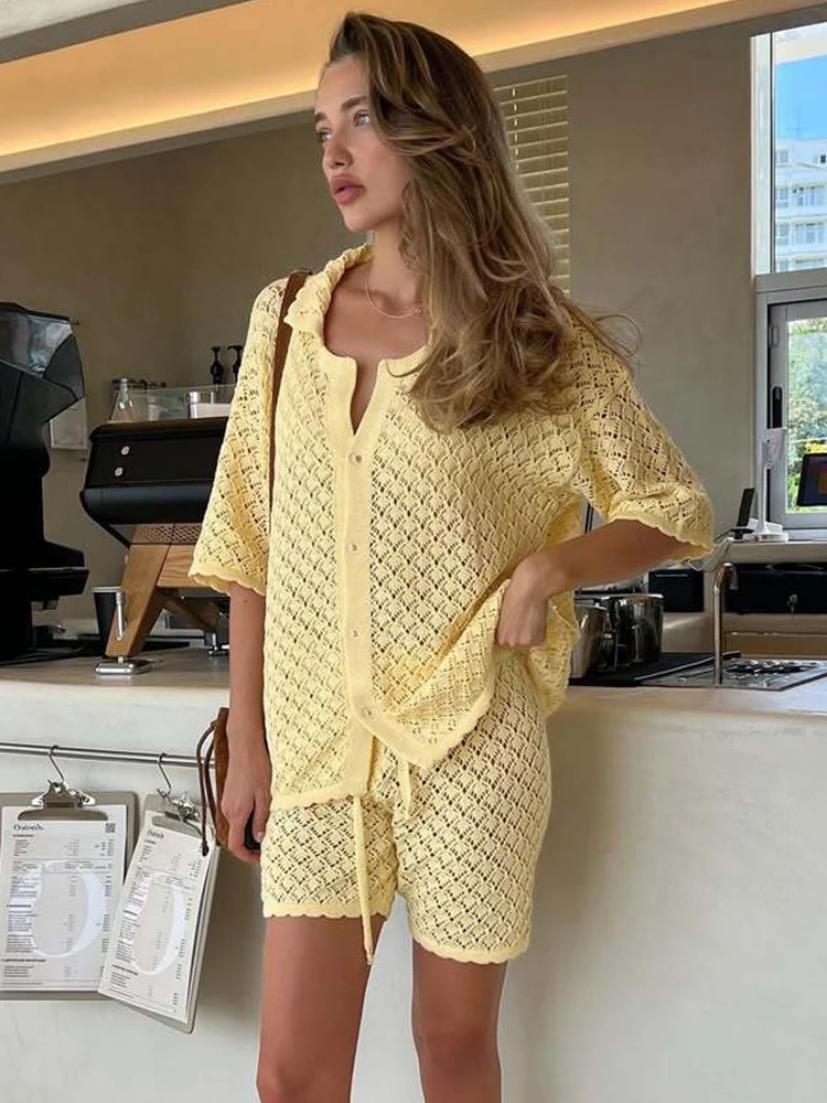 

Trendix Cover Up And Short Sets Women Summer Fashion Short Sleeve Loose Knit Cardigan Lace Up Casual Beach Shorts 2 Piece Sets