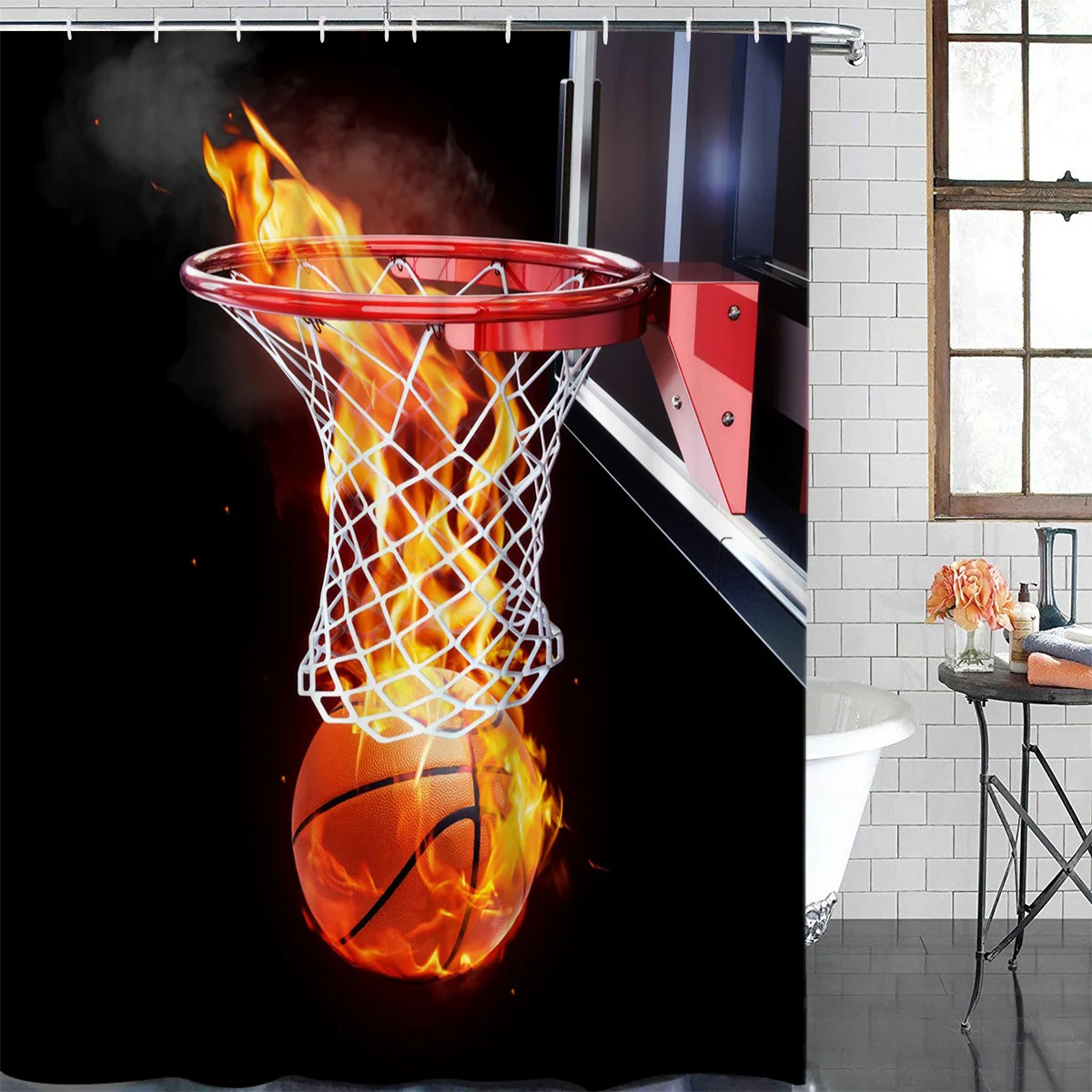 Flame Basketball Ball Box Waterproof Bathroom Decoration Shower Curtain With Hook Printed Bathtub Curtains Bathroom Accessories