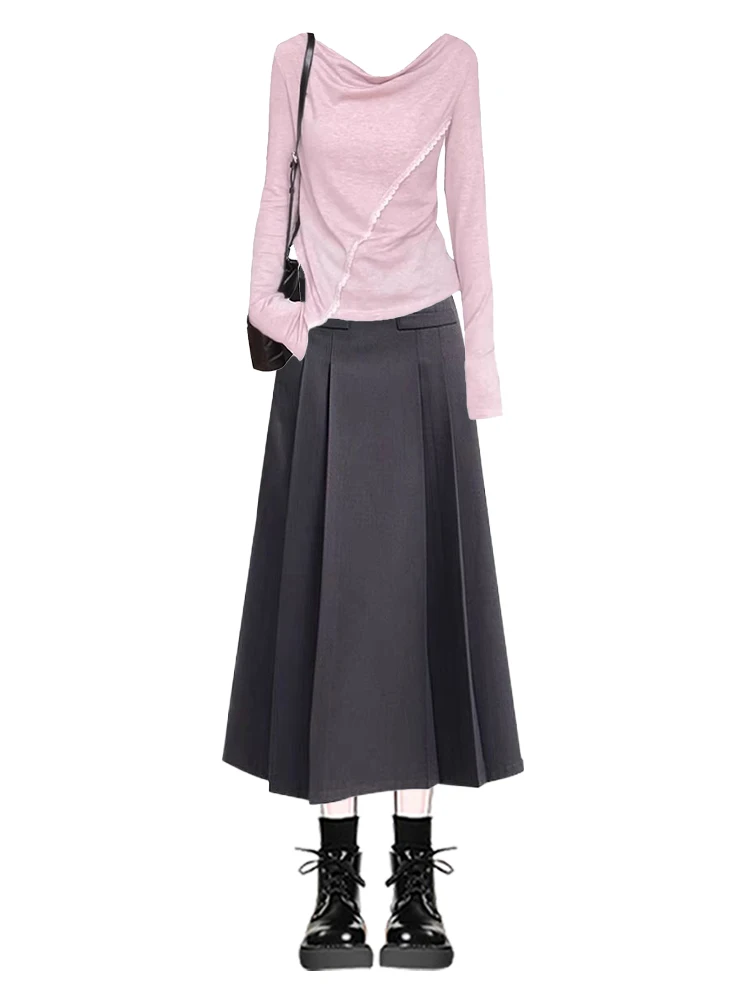 Sweet School Sle Long Sve T-irt And High Waist Skirt Two Piece Set Age Reversing Design Casual Faion for Women