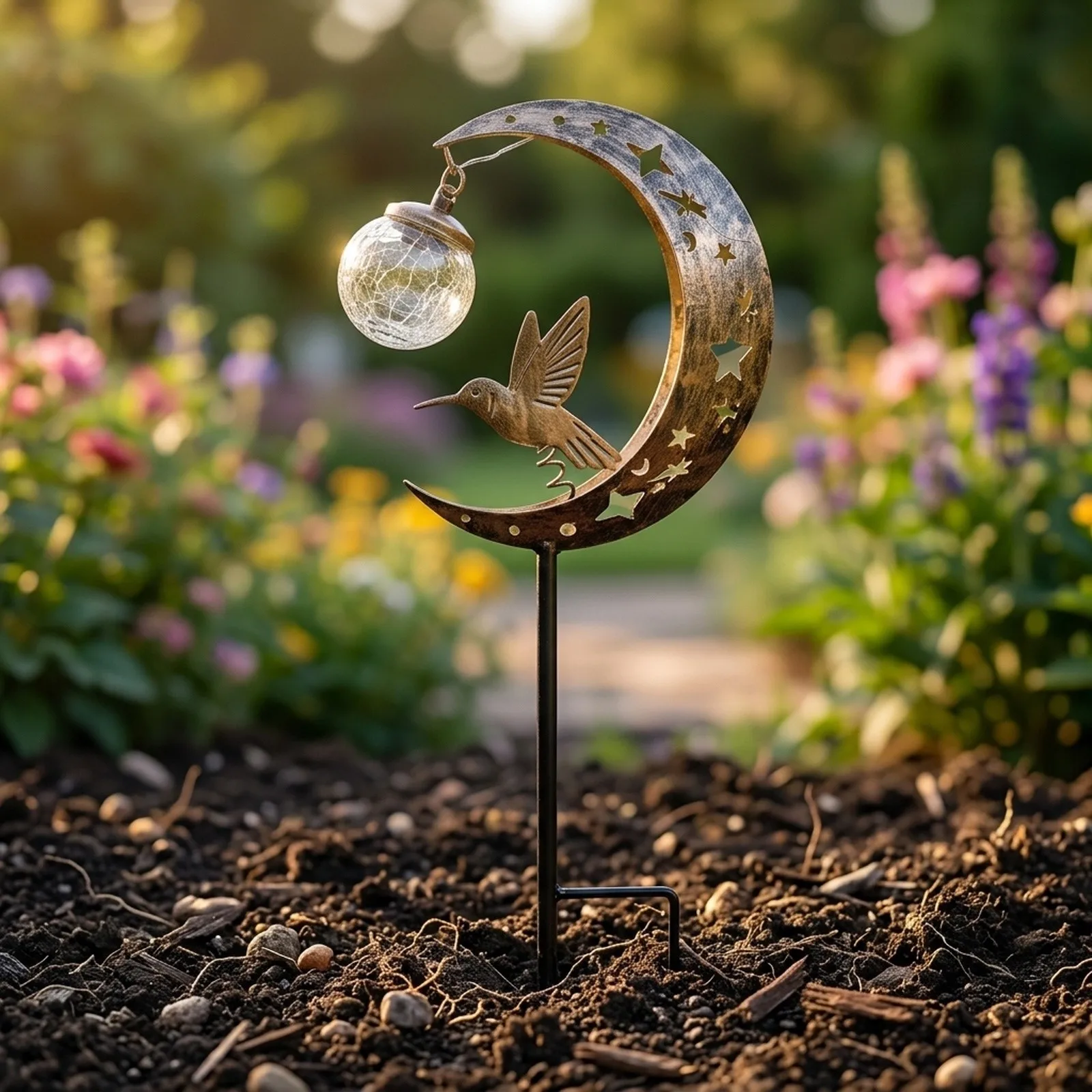 Metal Solar Garden Stake Light with Hummingbird Moon Decor for Outdoor Yard Use Gold Color 80cm Automatic Sensor