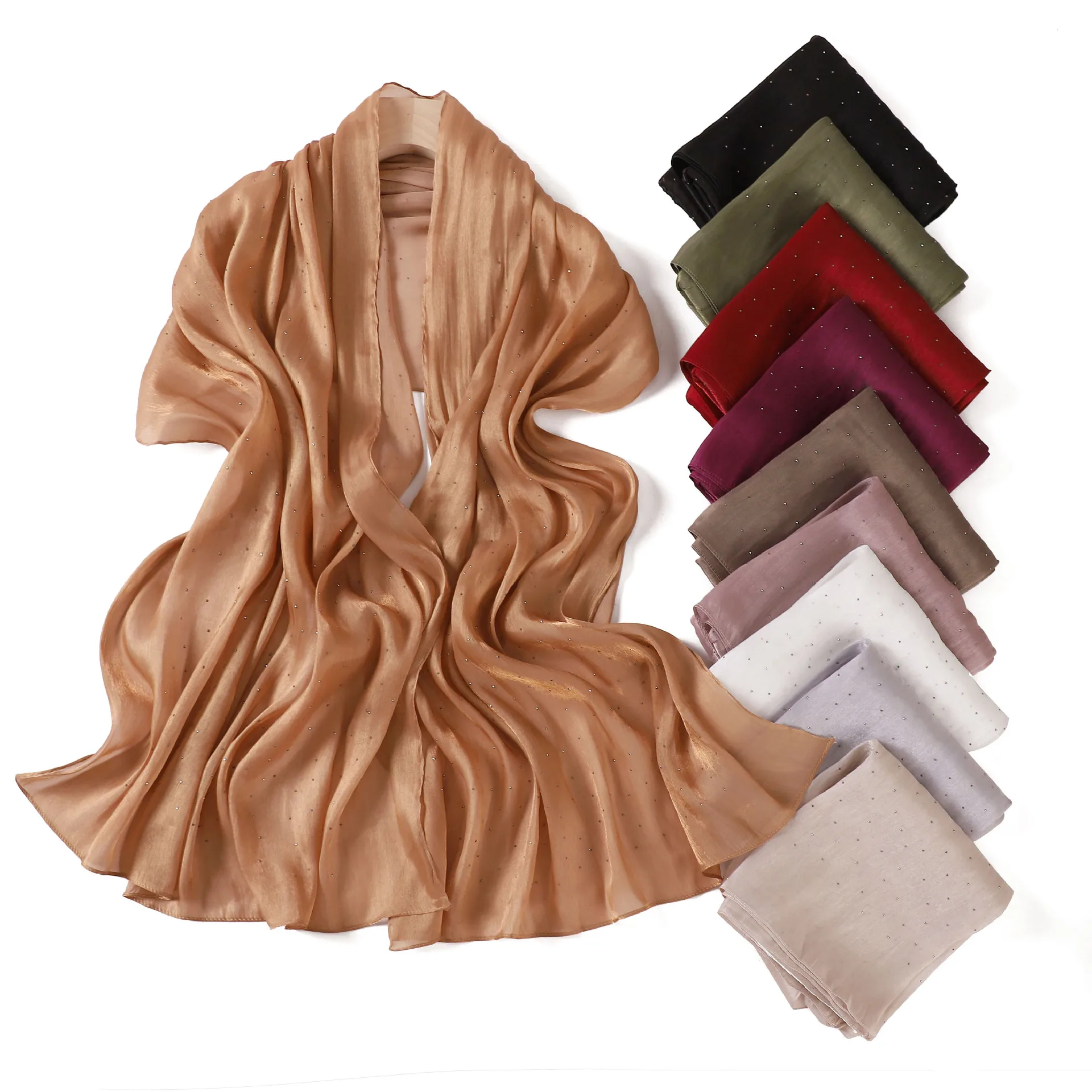 Satin diamants rides longue écharpe Foulard châle soie plage foulards femmes musulman Hijab Wrap Bandanas Bufanda Foulard Turbante