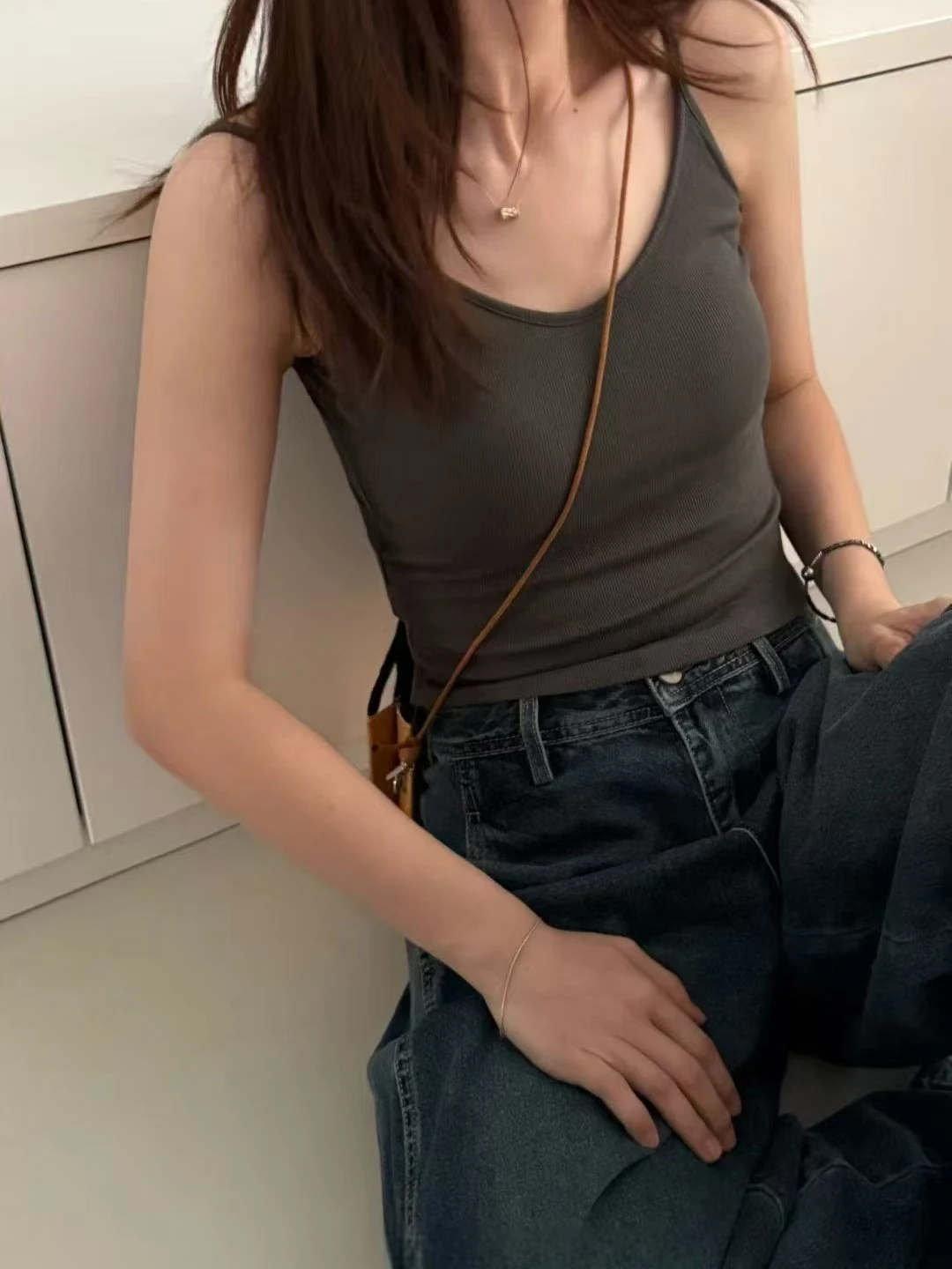 Início do outono coreano sle algodão listra v-ne straba sexy ba-piece copo fixo feminino topo faion commute fino ajuste