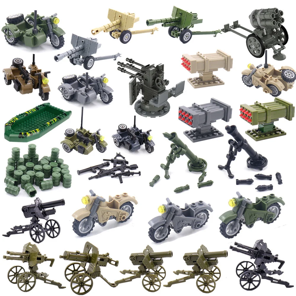 World War 2 WW2 Army Military Soldiers Motorcycle Rocket Launcher Cannon Gun Figures Building Blocks Bricks Children's Toys ﻿