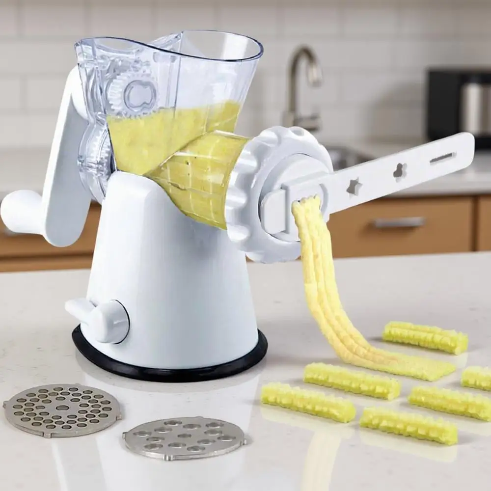 

Manual Meat Grinder & Vegetable Shredder, Biscuit & Cookie Maker with Churros/Biscuits Attachment, White